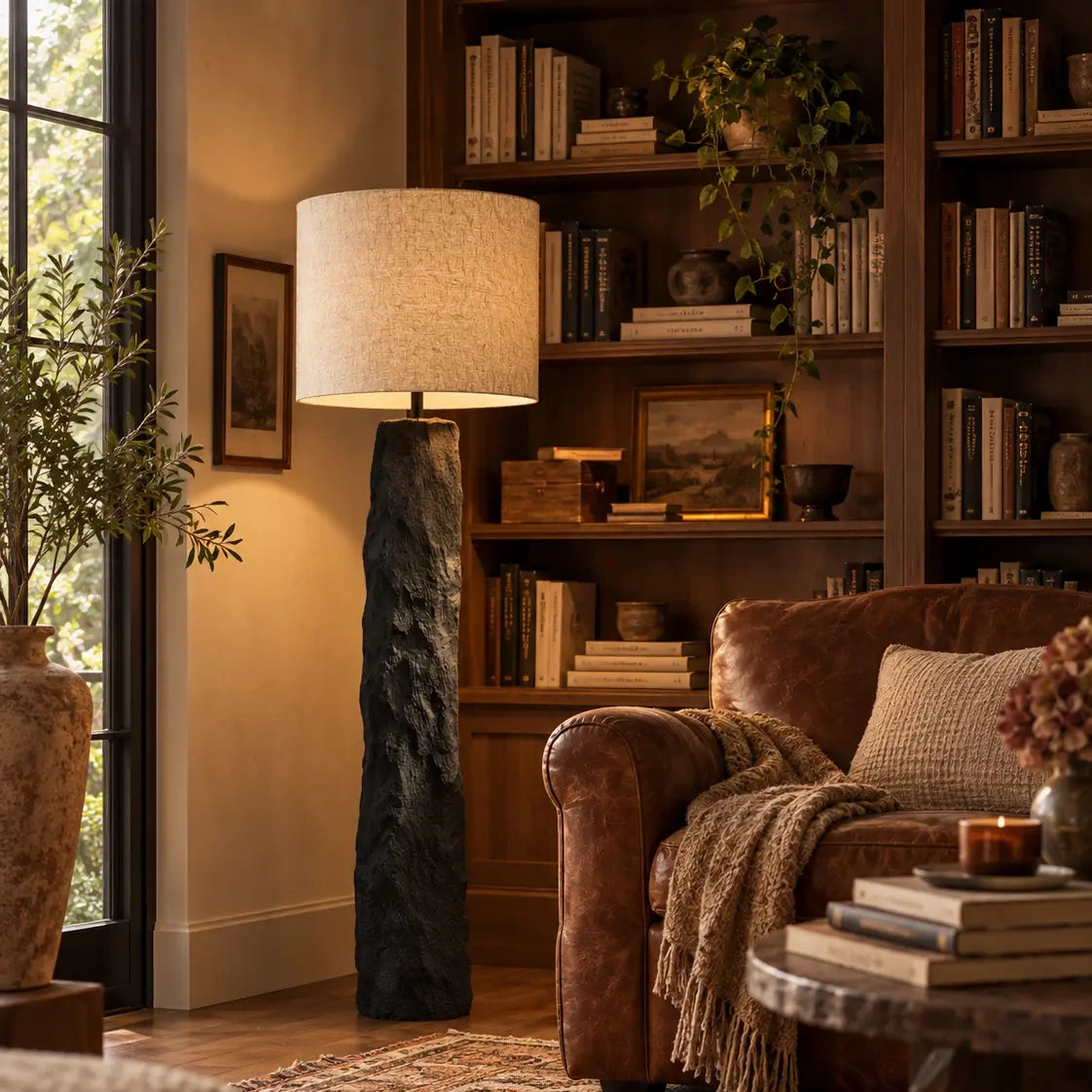 Nocturne Strata – Sculptural Black Stone-Look Floor Lamp