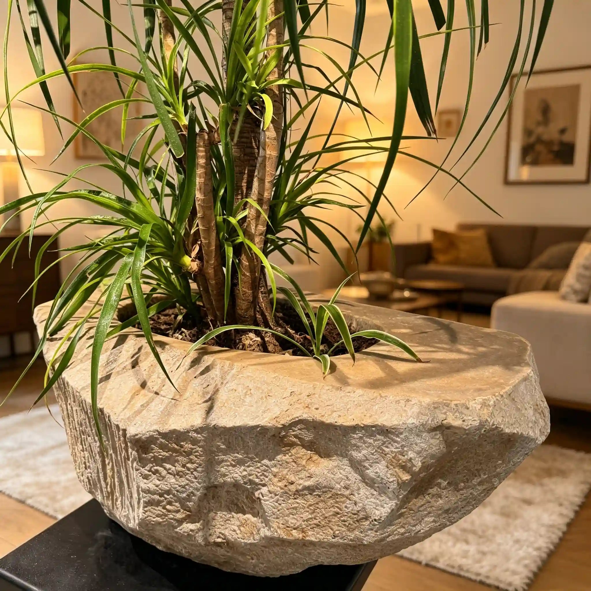 Faux Stone Planter Angular Polygonal Garden Pot with Natural Stone Texture - JART TEAM