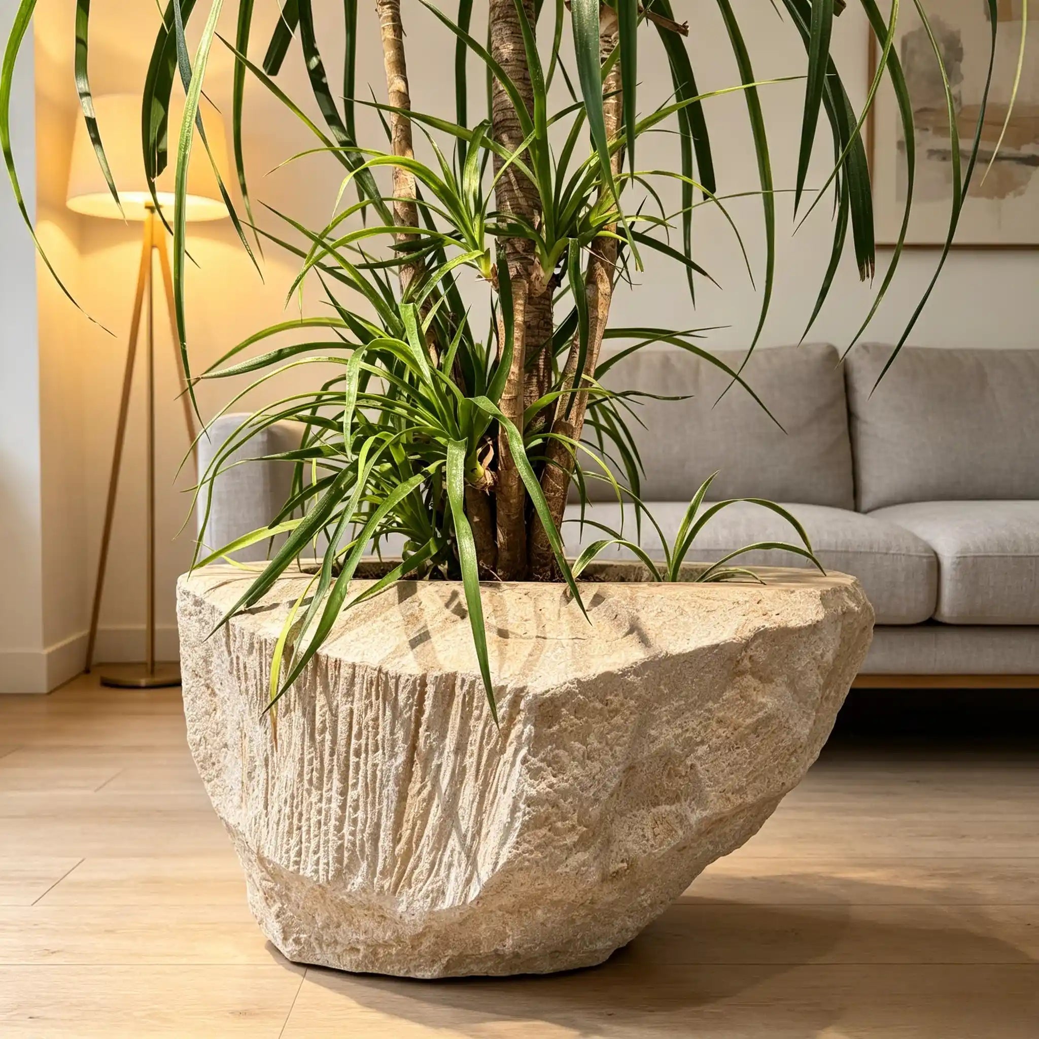 Faux Stone Planter Angular Polygonal Garden Pot with Natural Stone Texture - JART TEAM